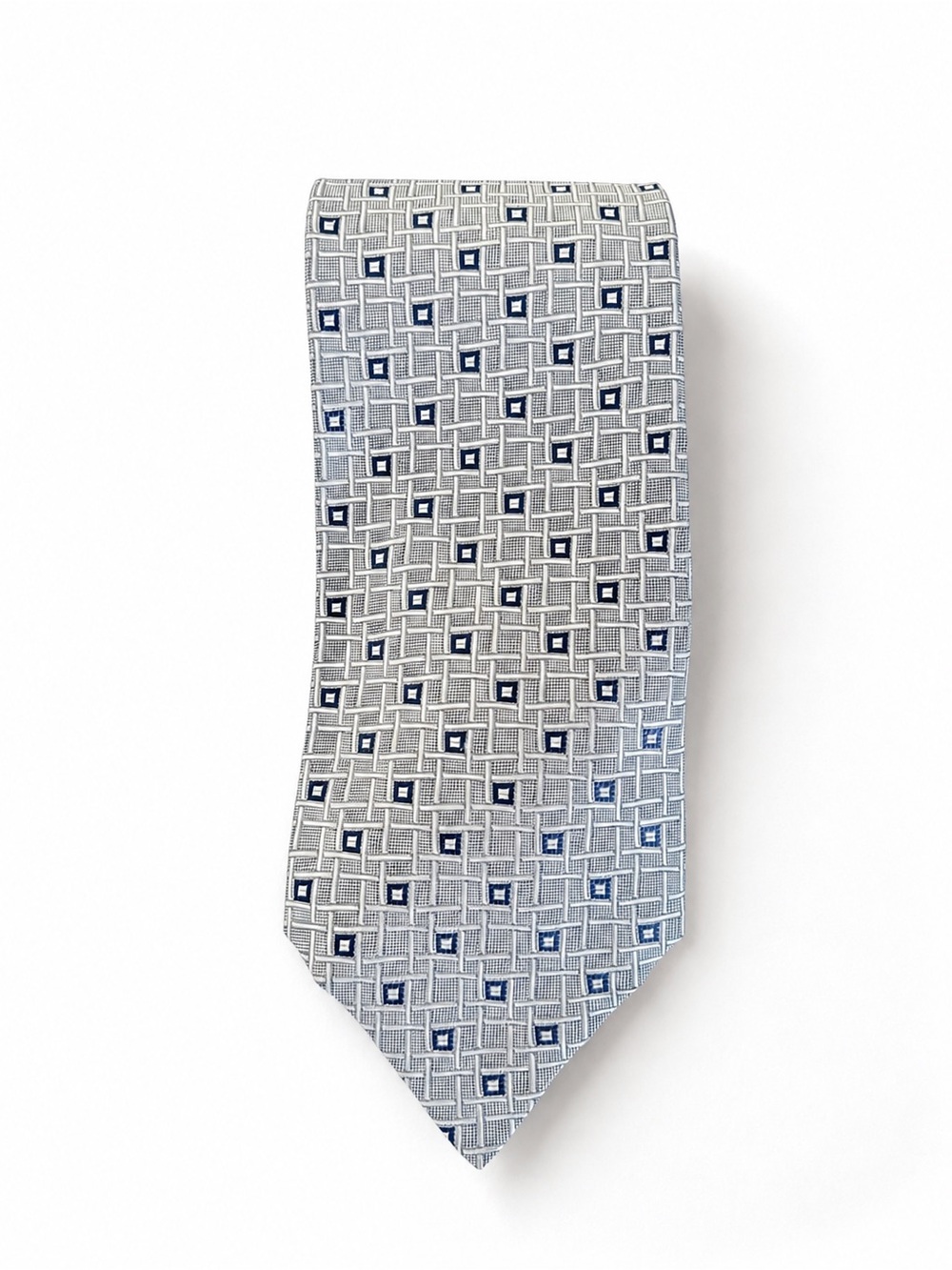 Hickey Freeman Italian Silk Geometric Gray Navy Handmade USA